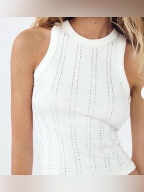 Zara White Ribbed Eyelet Knit Tank Top Size M